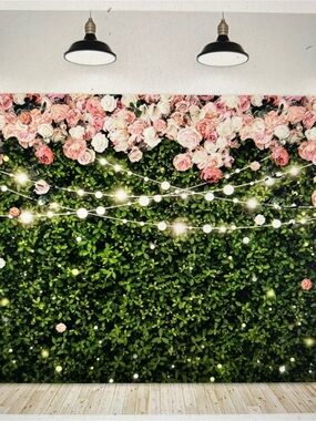 Flower Wall Backdrop 7Wx5H Feet Polyester Fabric Pink Rose Floral Blossom Green